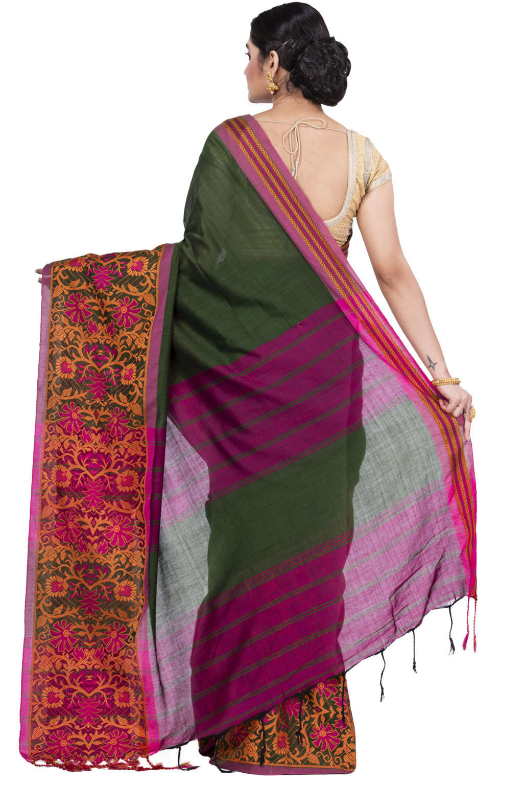 Dark Green Pure Cotton Begompuri_Hand Hand Loom Saree (672)